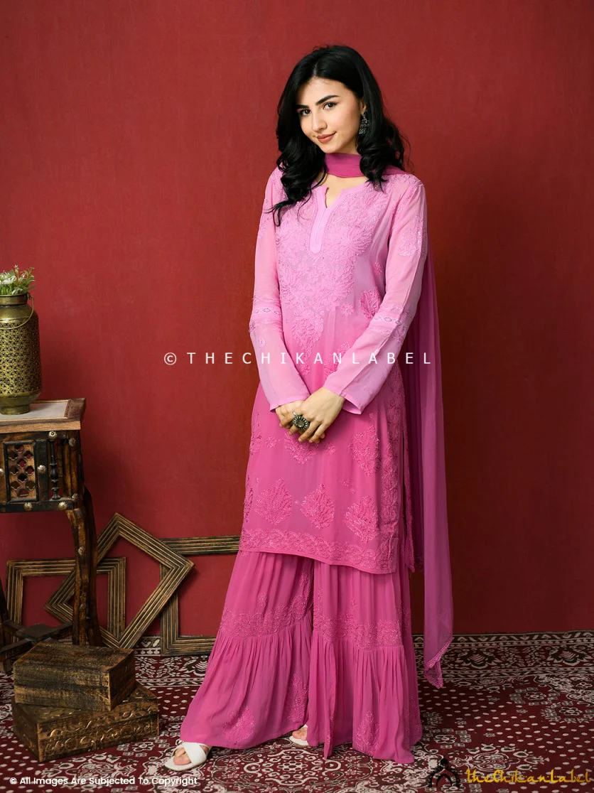 Pink Giva Viscose Chikankari Kurti Garara Set with Dupatta - Image 3