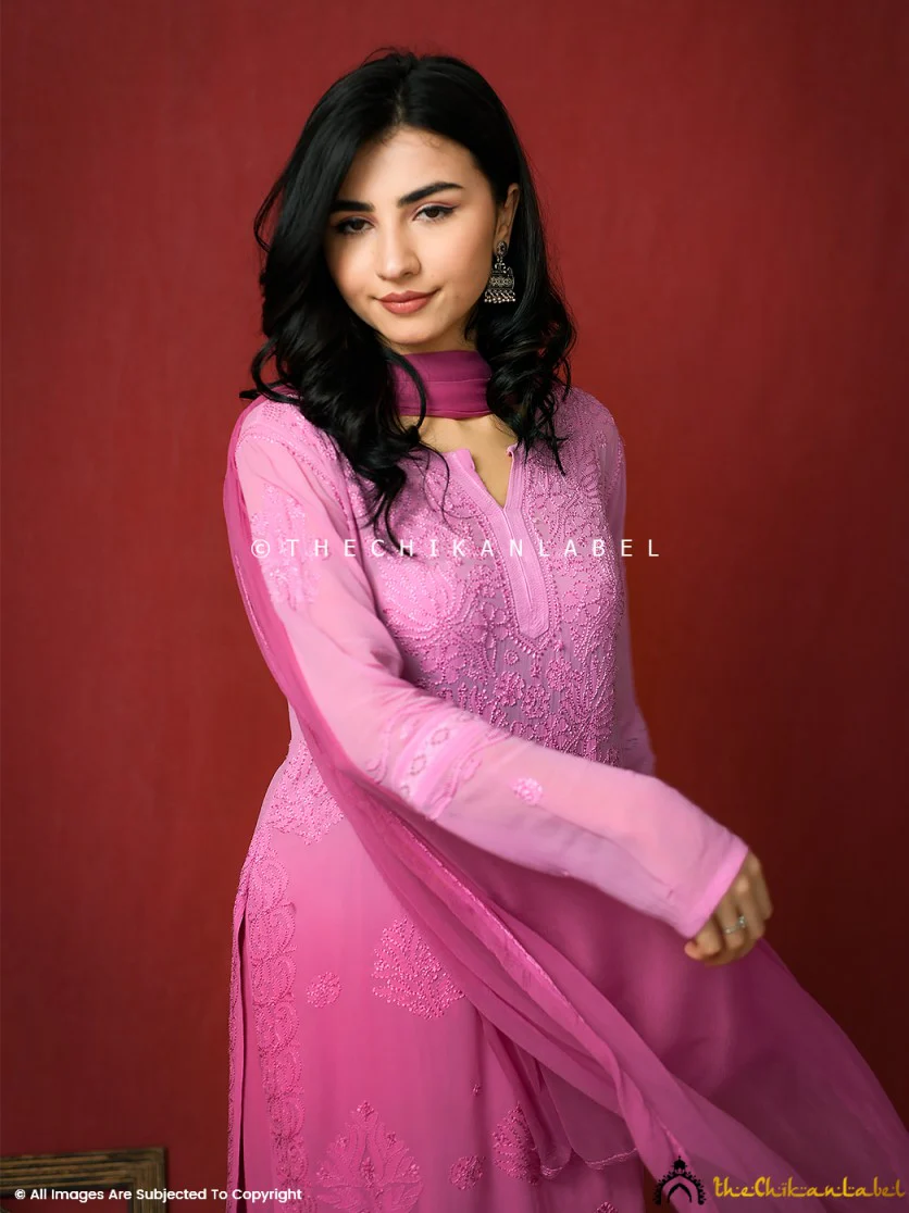 Pink Giva Viscose Chikankari Kurti Garara Set with Dupatta - Image 4