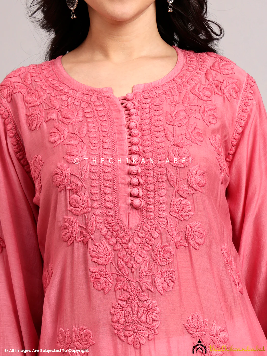 Jenika Muslin Chikankari Straight Kurti - Pink - Image 2