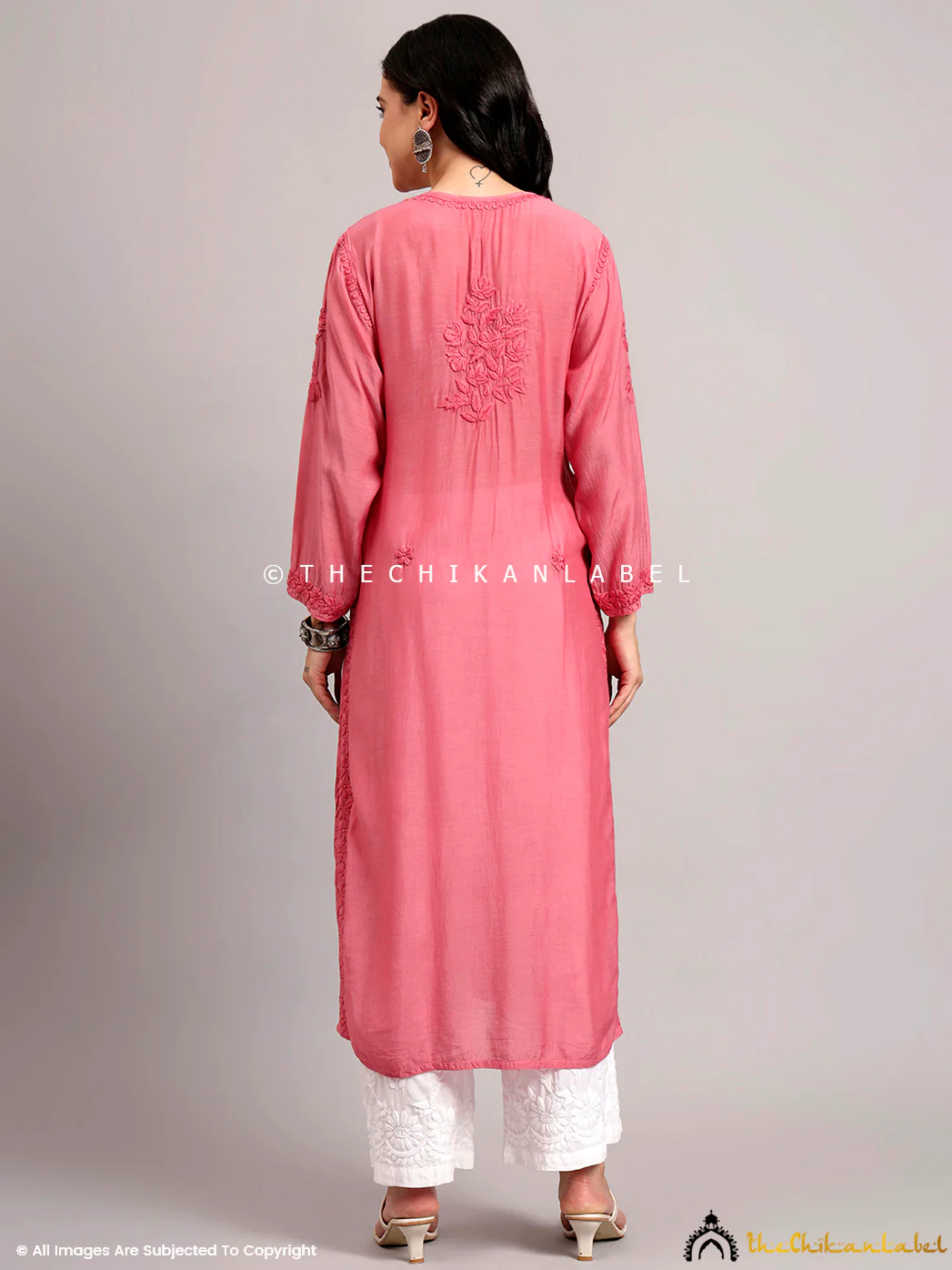 Jenika Muslin Chikankari Straight Kurti - Pink - Image 3