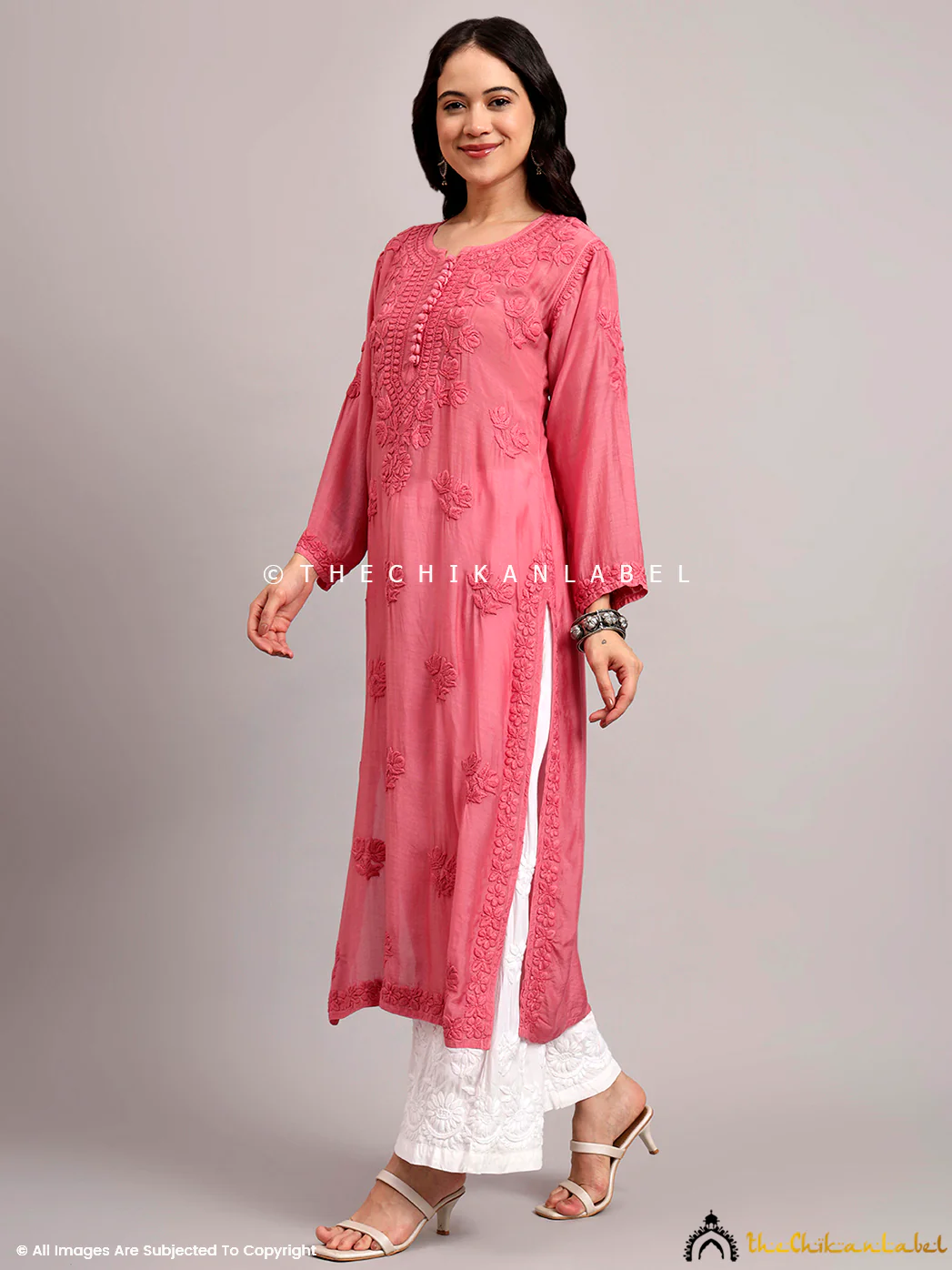 Jenika Muslin Chikankari Straight Kurti - Pink - Image 4