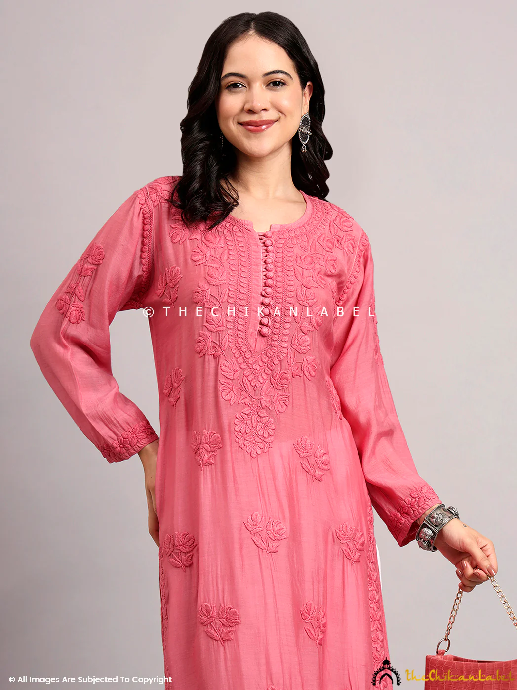 Jenika Muslin Chikankari Straight Kurti - Pink - Image 7