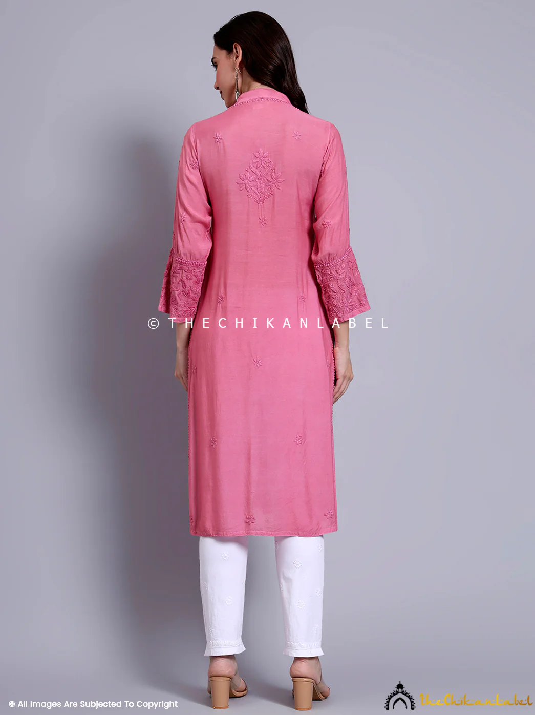 Kaira Muslin Chikankari Straight Kurti - Pink - Image 3