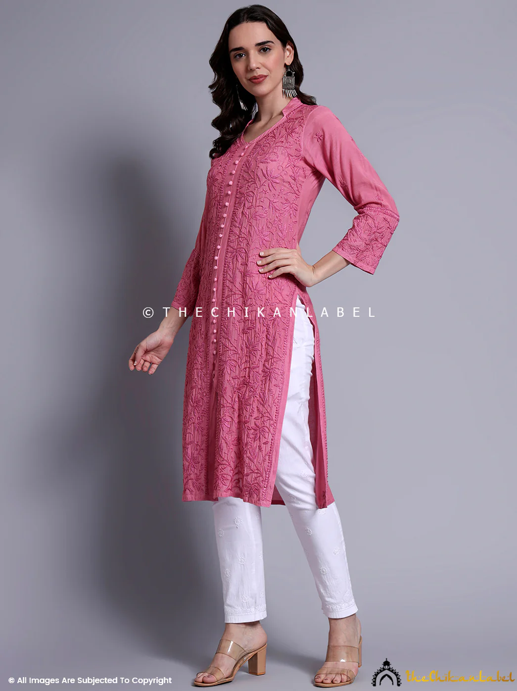 Kaira Muslin Chikankari Straight Kurti - Pink - Image 4