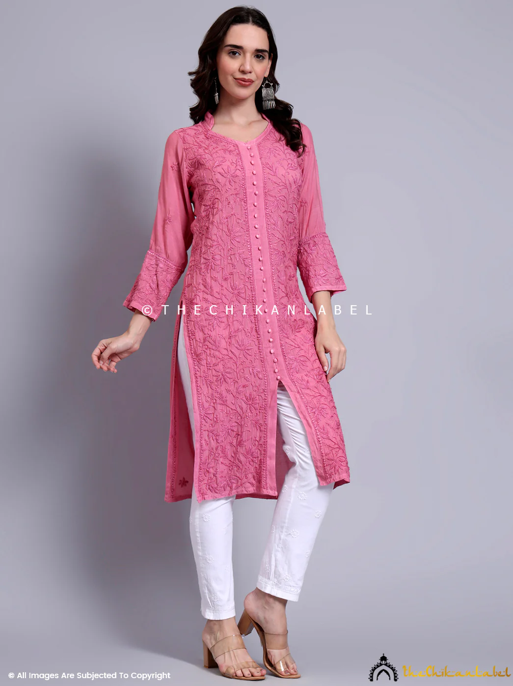 Kaira Muslin Chikankari Straight Kurti - Pink - Image 5