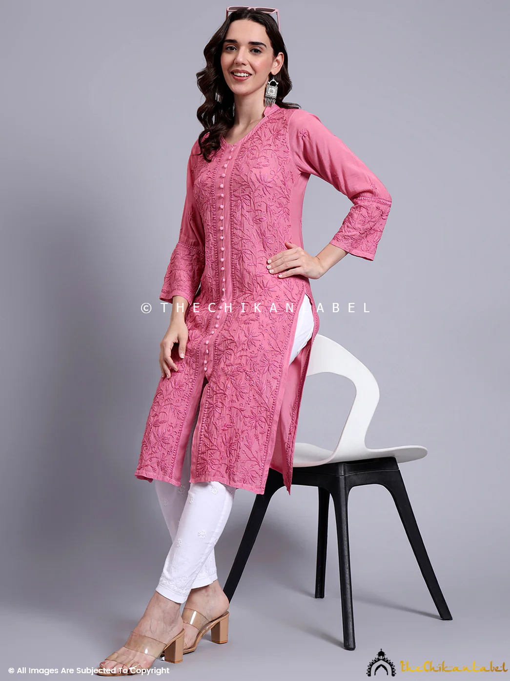Kaira Muslin Chikankari Straight Kurti - Pink - Image 6