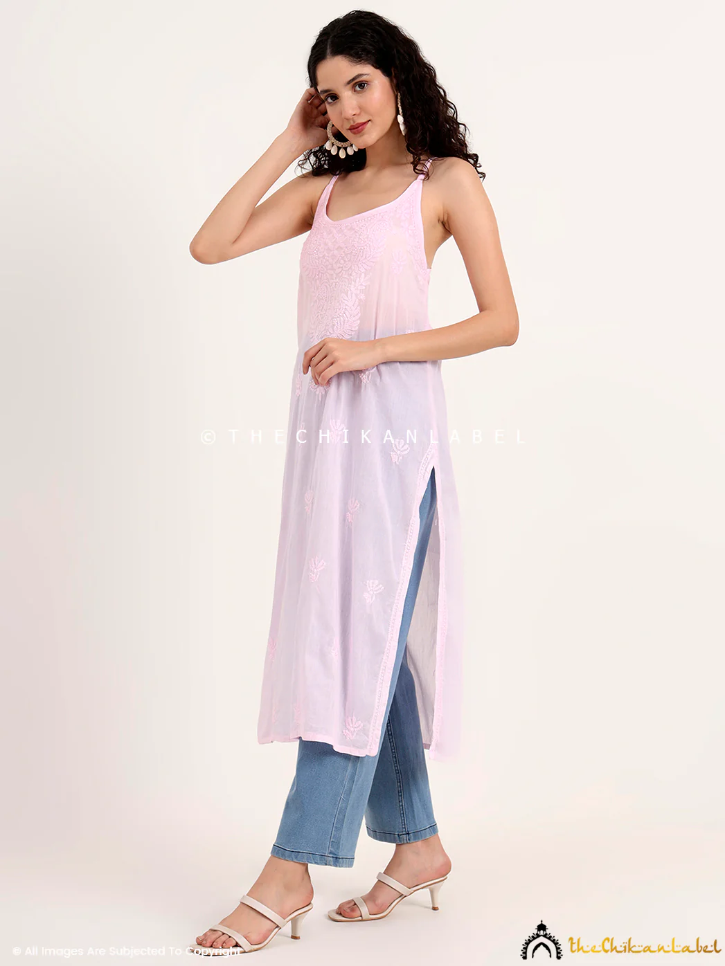 Maham Cotton Chikankari Strappy Kurta - Pink - Image 4