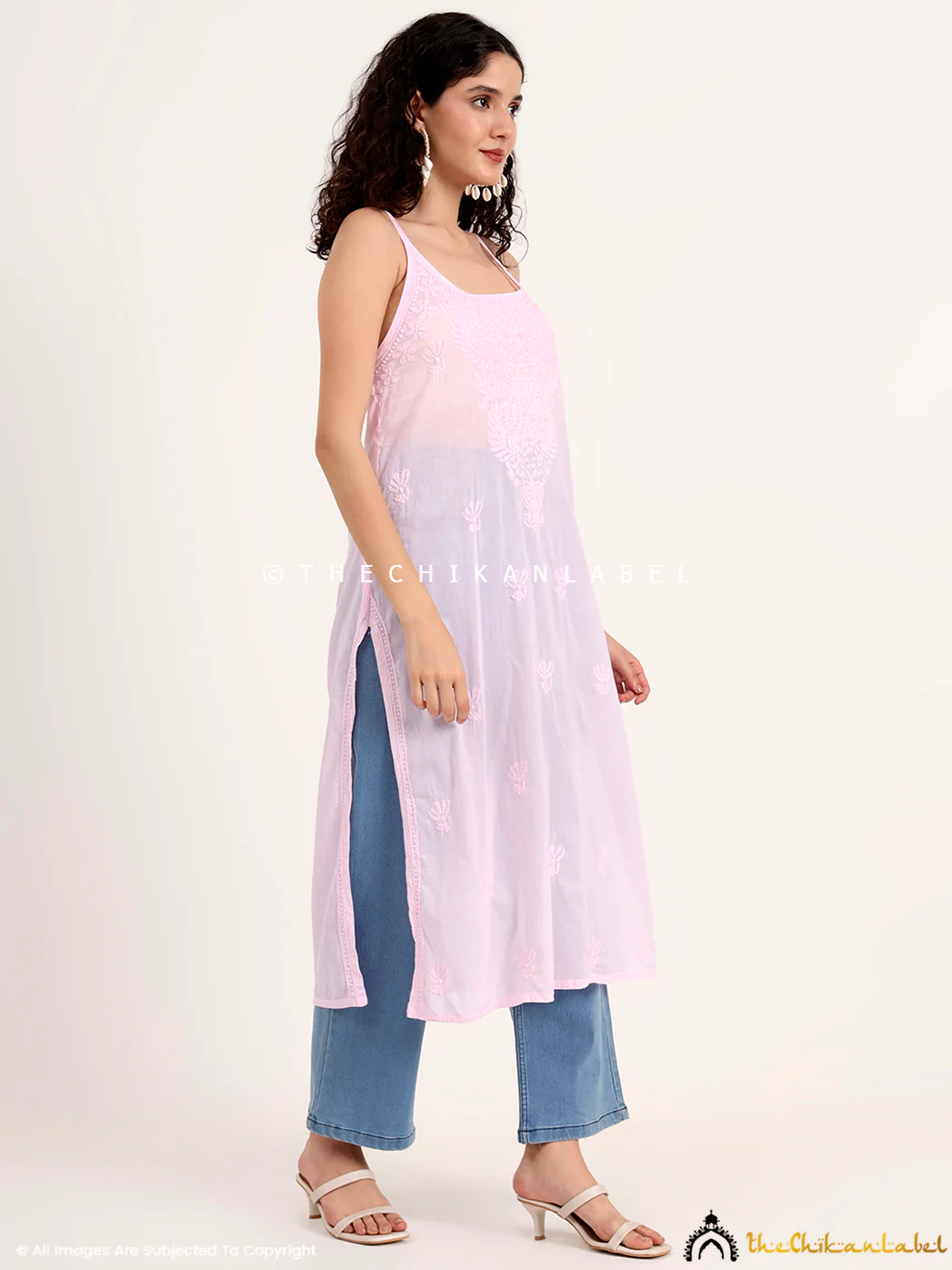 Maham Cotton Chikankari Strappy Kurta - Pink - Image 5