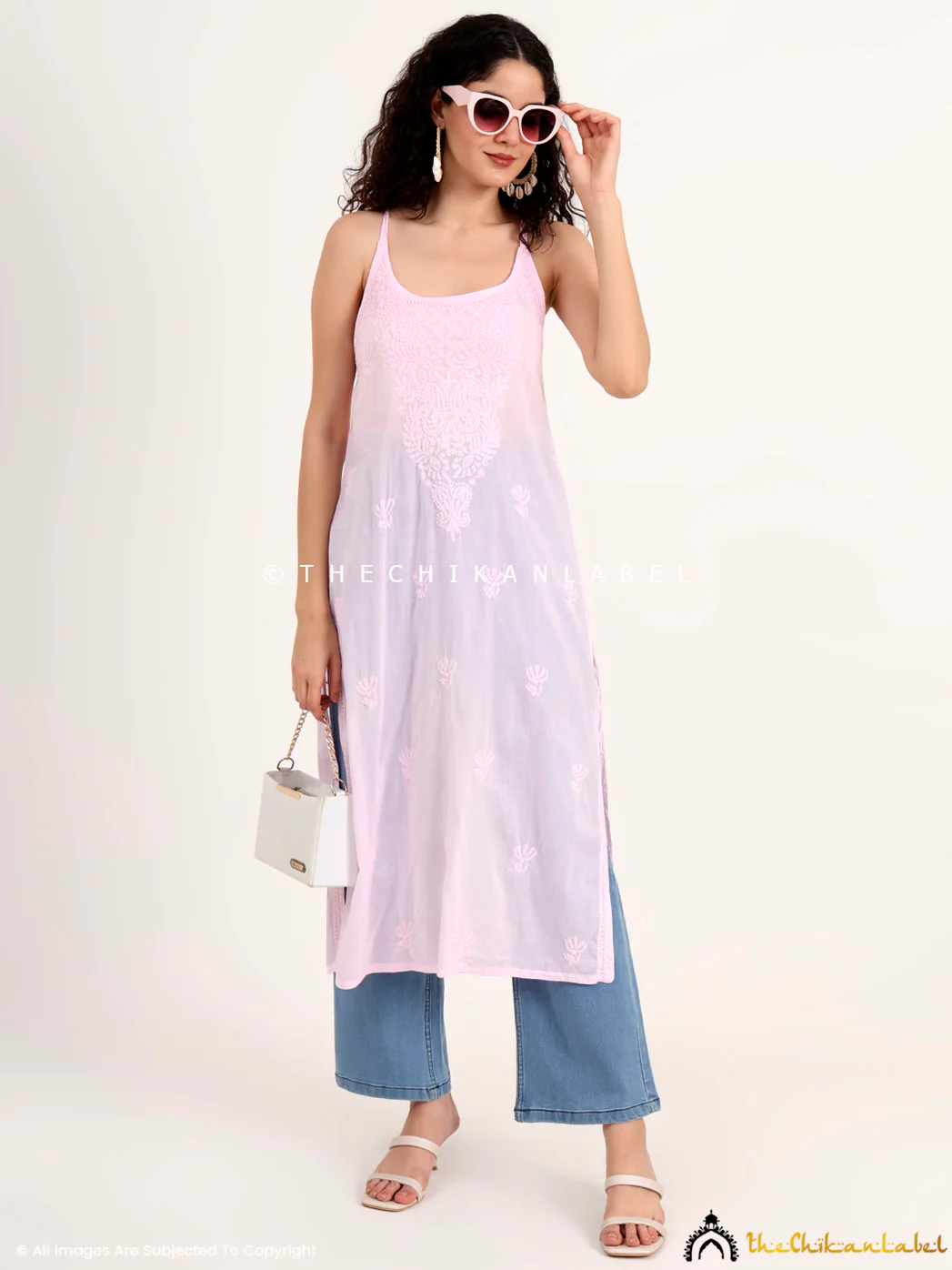 Maham Cotton Chikankari Strappy Kurta - Pink - Image 6