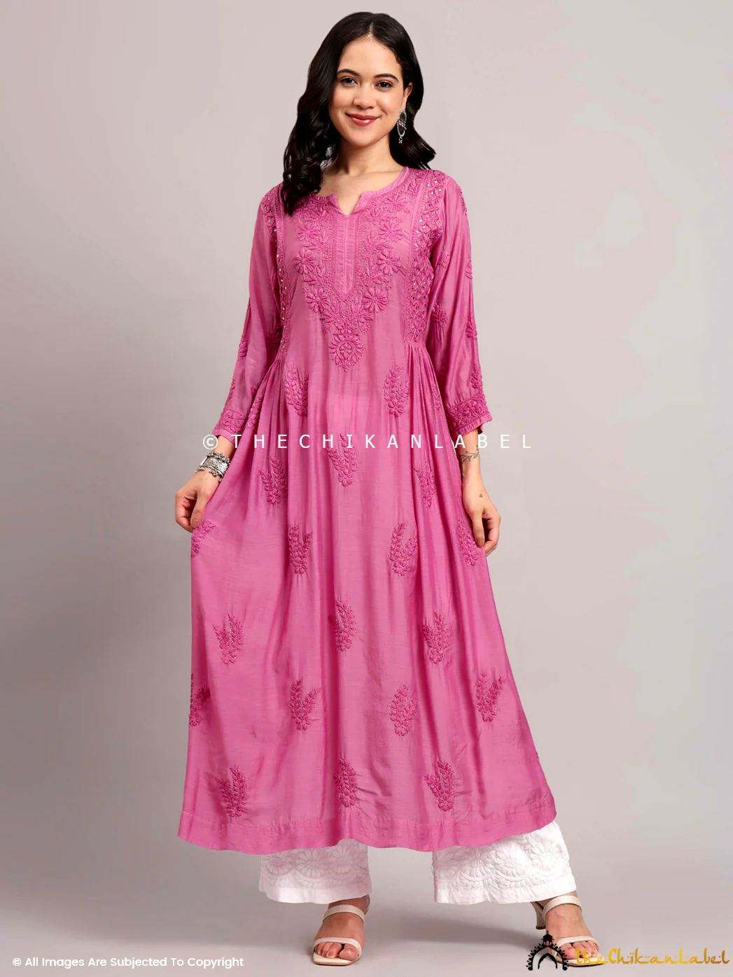 Mahi Muslin Chikankari A-Line Kurti - Pink - Image 4
