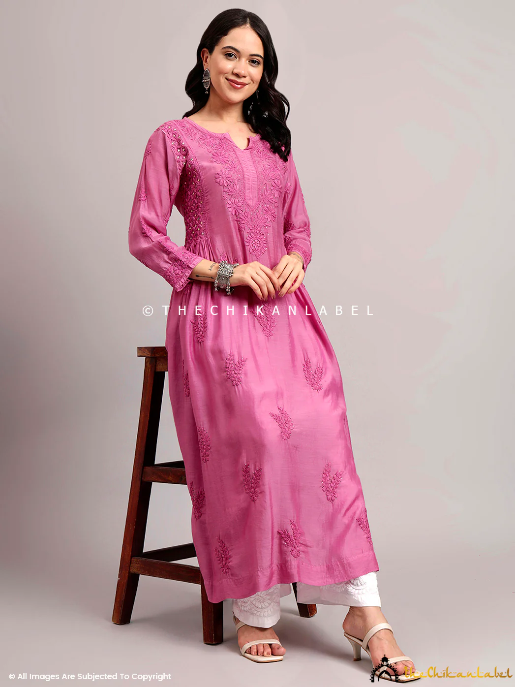 Mahi Muslin Chikankari A-Line Kurti - Pink - Image 7