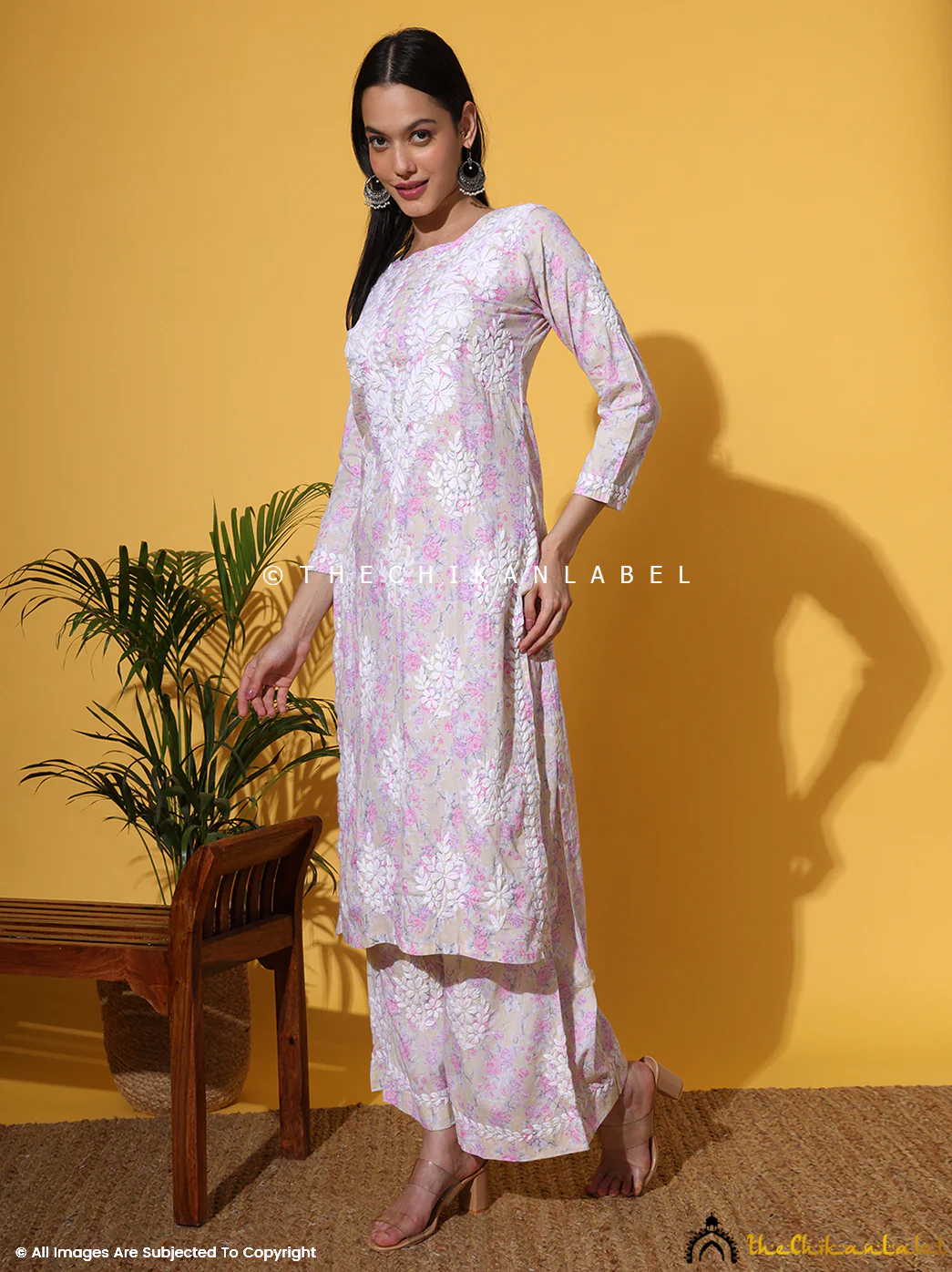 Meher Mulmul Cotton Chikankari Kurta Set - Pink - Image 10