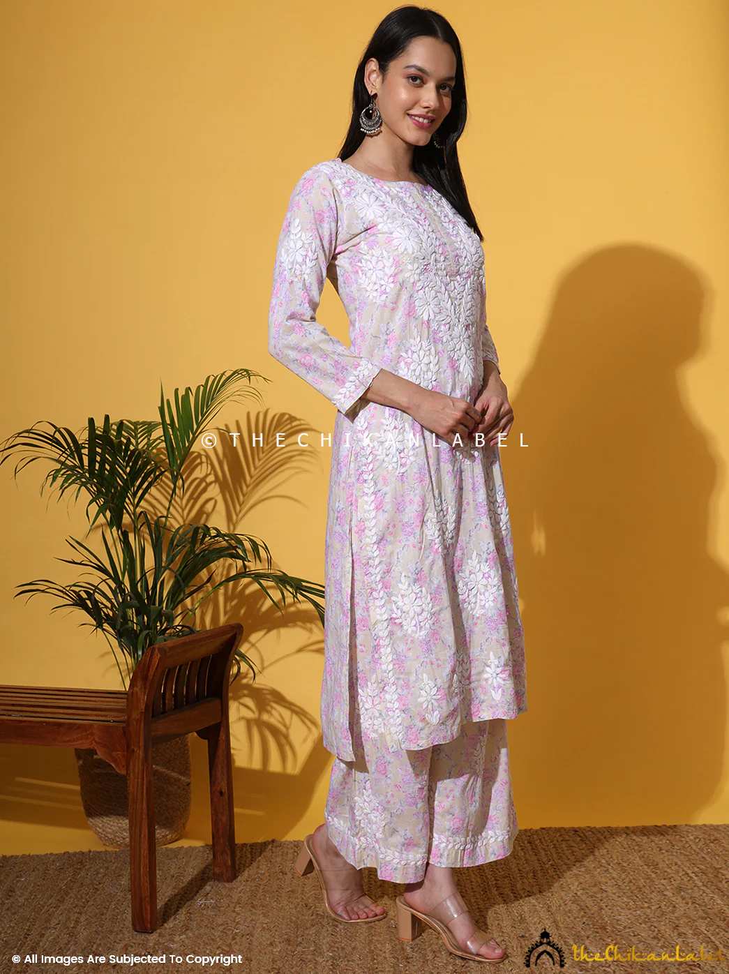Meher Mulmul Cotton Chikankari Kurta Set - Pink - Image 11