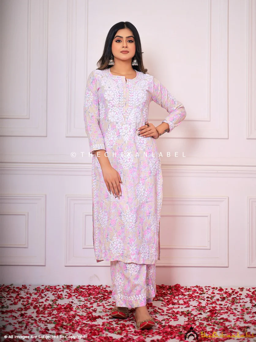 Meher Mulmul Cotton Chikankari Kurta Set - Pink - Image 4