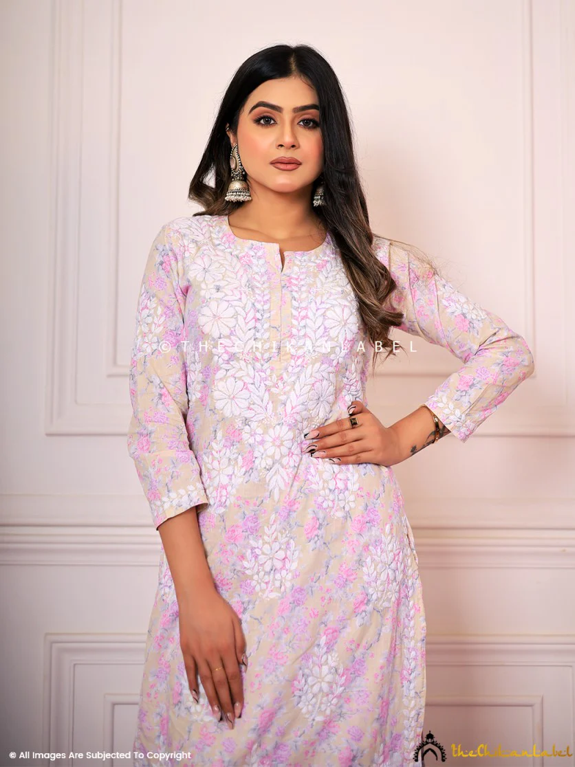 Meher Mulmul Cotton Chikankari Kurta Set - Pink - Image 5