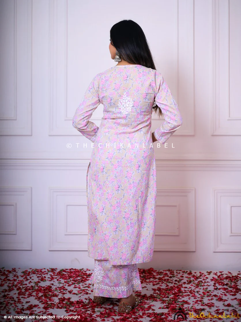 Meher Mulmul Cotton Chikankari Kurta Set - Pink - Image 6