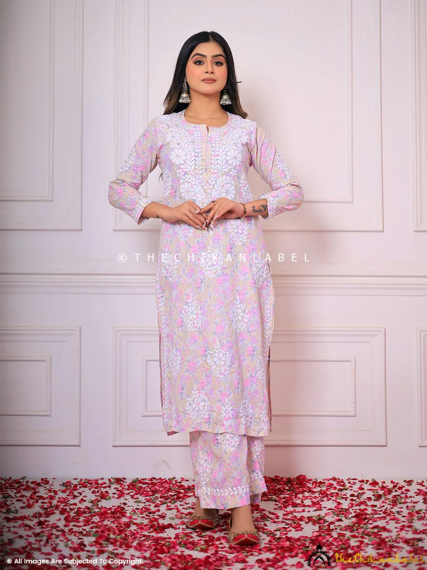 Meher Mulmul Cotton Chikankari Kurta Set - Pink - Image 7