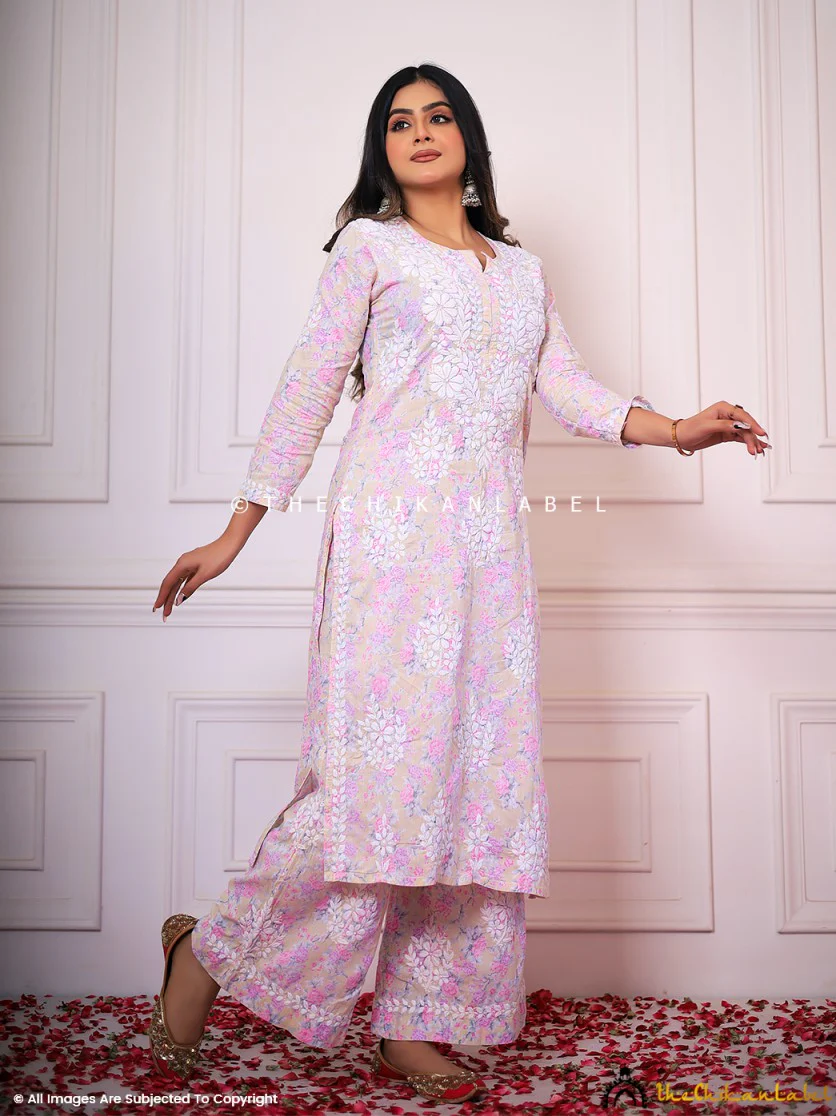 Meher Mulmul Cotton Chikankari Kurta Set - Pink - Image 8