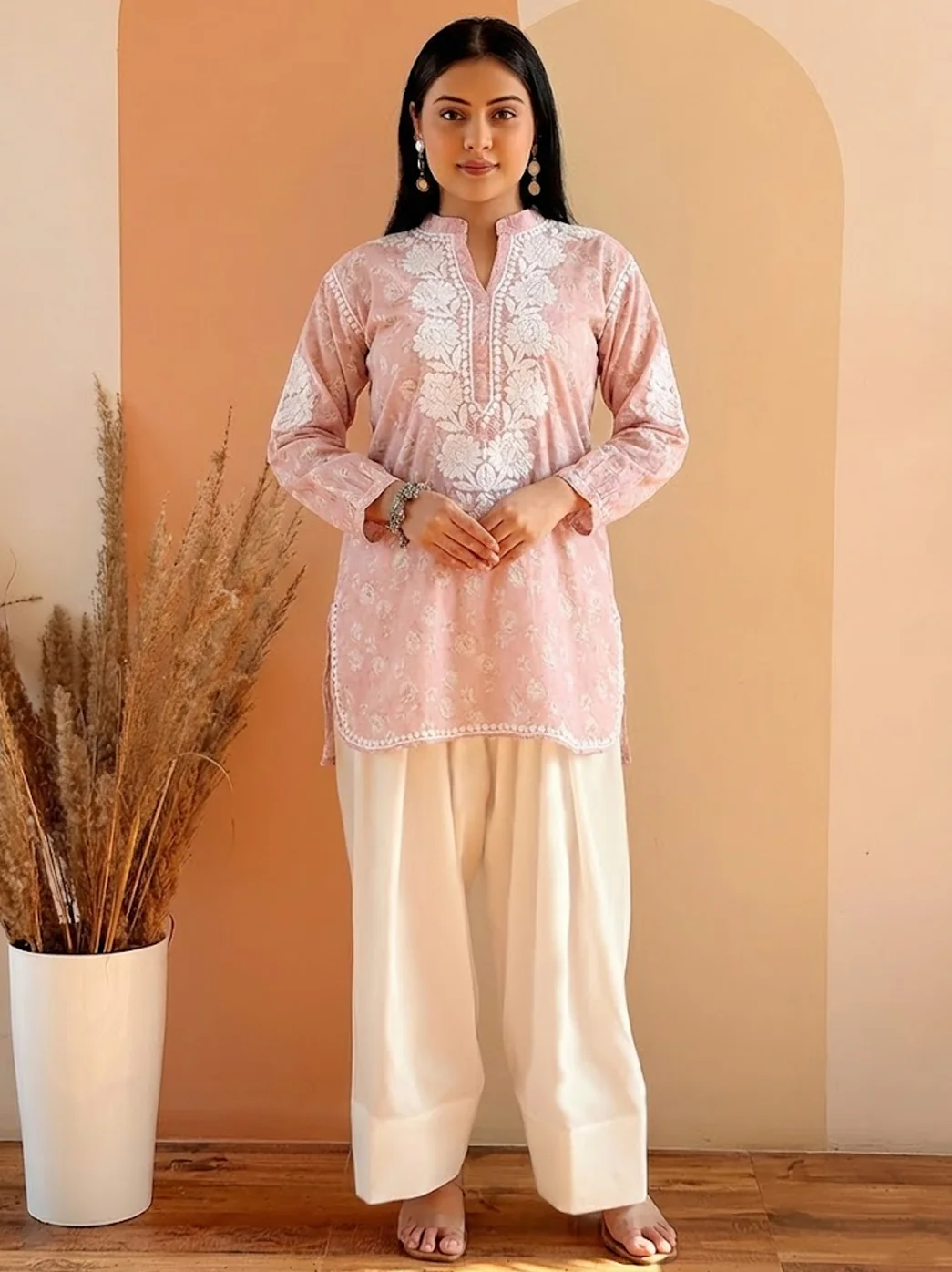 Pink Mulmul Printed Chikankari Farshi Salwar Set - Image 3