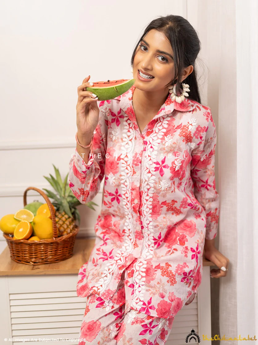 Nadira Mulmul Cotton Chikankari Co-ord Set - Pink - Image 3