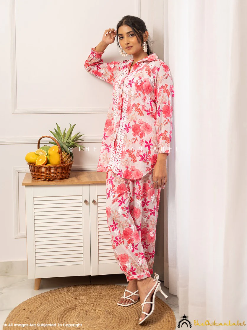Nadira Mulmul Cotton Chikankari Co-ord Set - Pink - Image 4