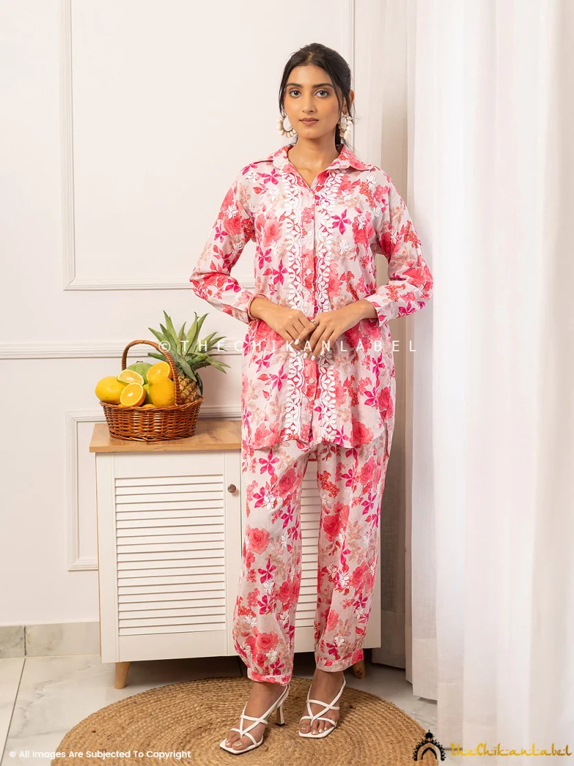 Nadira Mulmul Cotton Chikankari Co-ord Set - Pink - Image 5