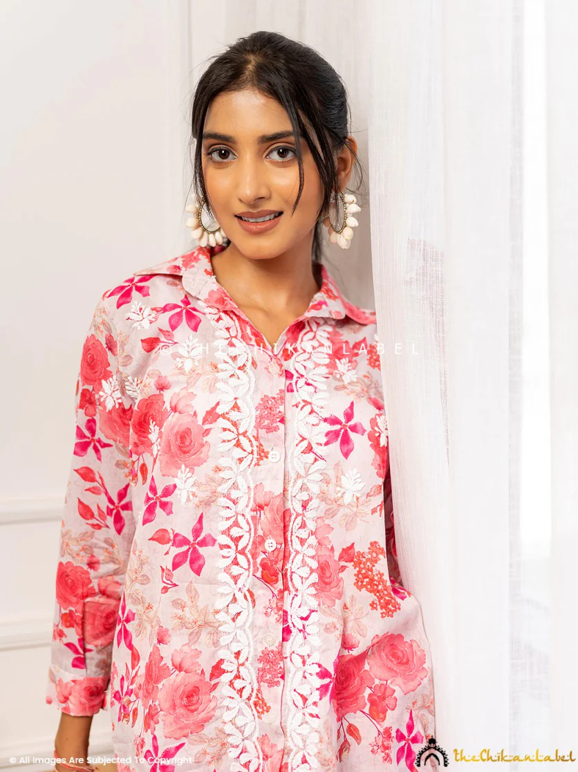 Nadira Mulmul Cotton Chikankari Co-ord Set - Pink - Image 6