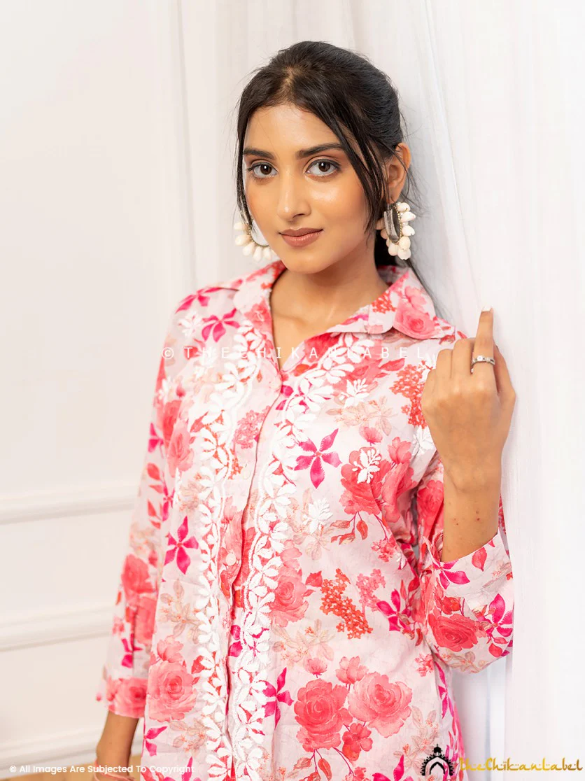 Nadira Mulmul Cotton Chikankari Co-ord Set - Pink - Image 7