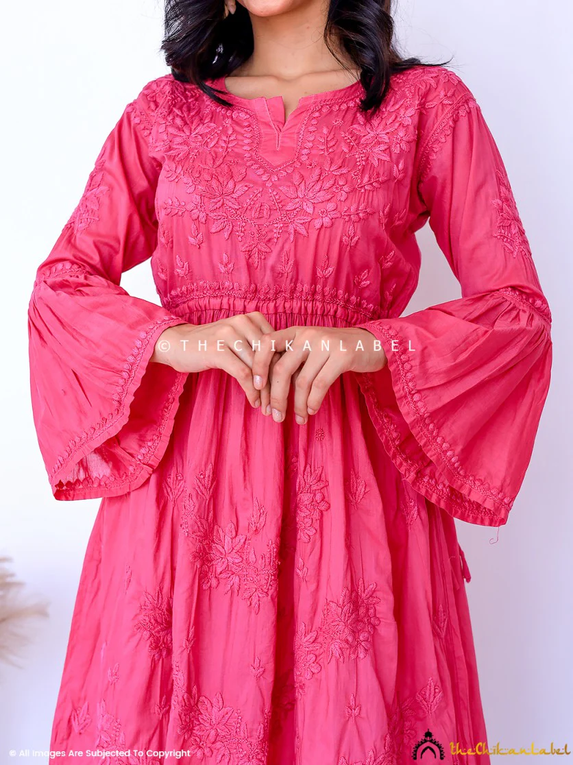 Nisa Mulmul Chikankari A-Line Kurti -Pink - Image 2