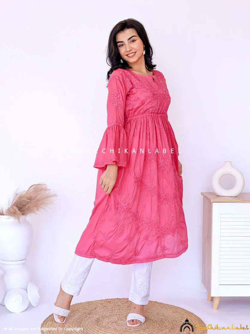 Nisa Mulmul Chikankari A-Line Kurti -Pink - Image 3