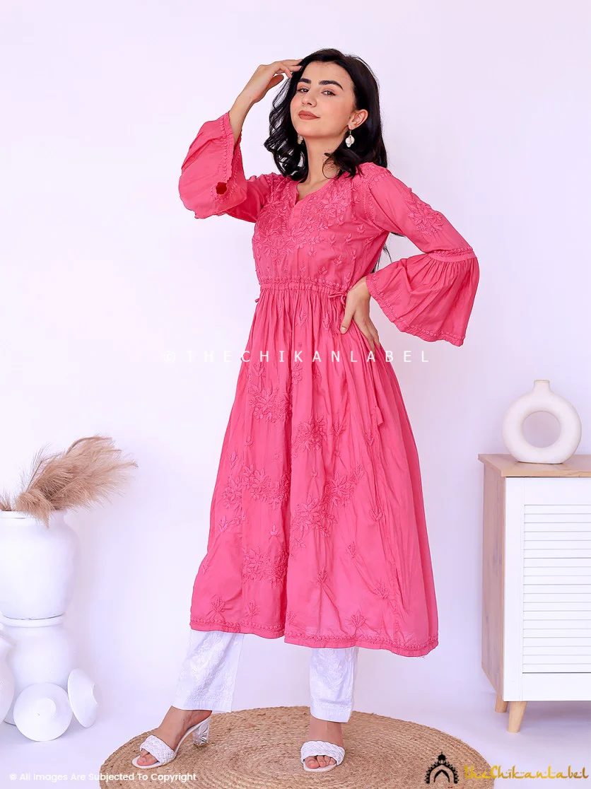 Nisa Mulmul Chikankari A-Line Kurti -Pink - Image 4