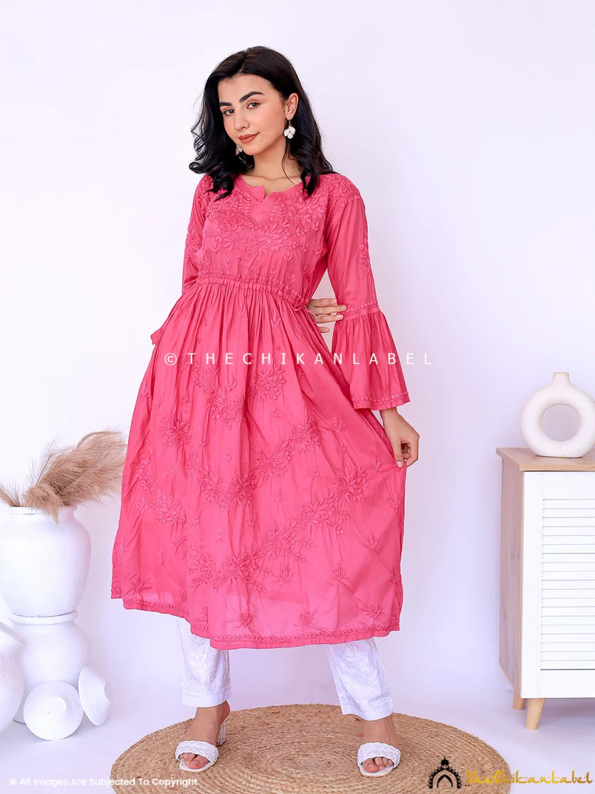 Nisa Mulmul Chikankari A-Line Kurti -Pink - Image 5
