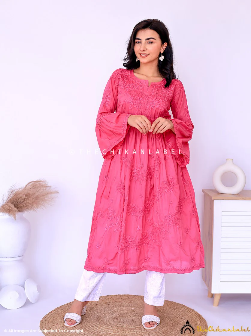Nisa Mulmul Chikankari A-Line Kurti -Pink - Image 6