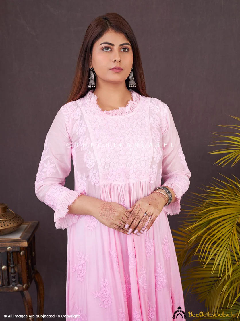 Pink Noori Muslin Chikankari Anarkali - Image 2
