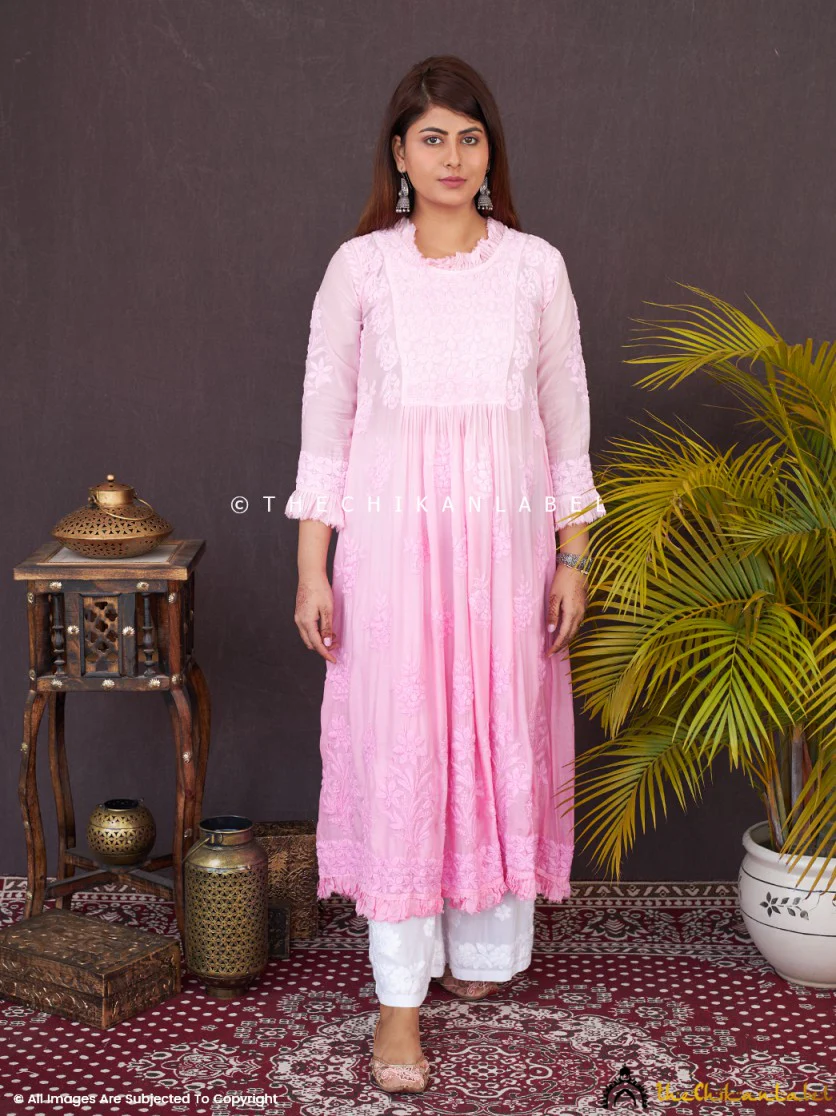 Pink Noori Muslin Chikankari Anarkali - Image 3