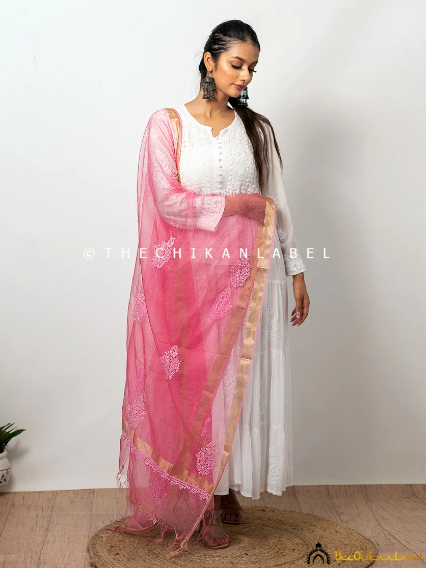 Pink Organza Chikankari Dupatta Lucknawi Chikan Handmade Stole Scarf - Image 3