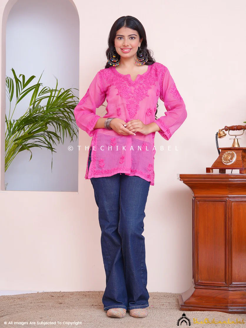 Rajia Kota Cotton Chikankari Short Top - Pink - Image 3