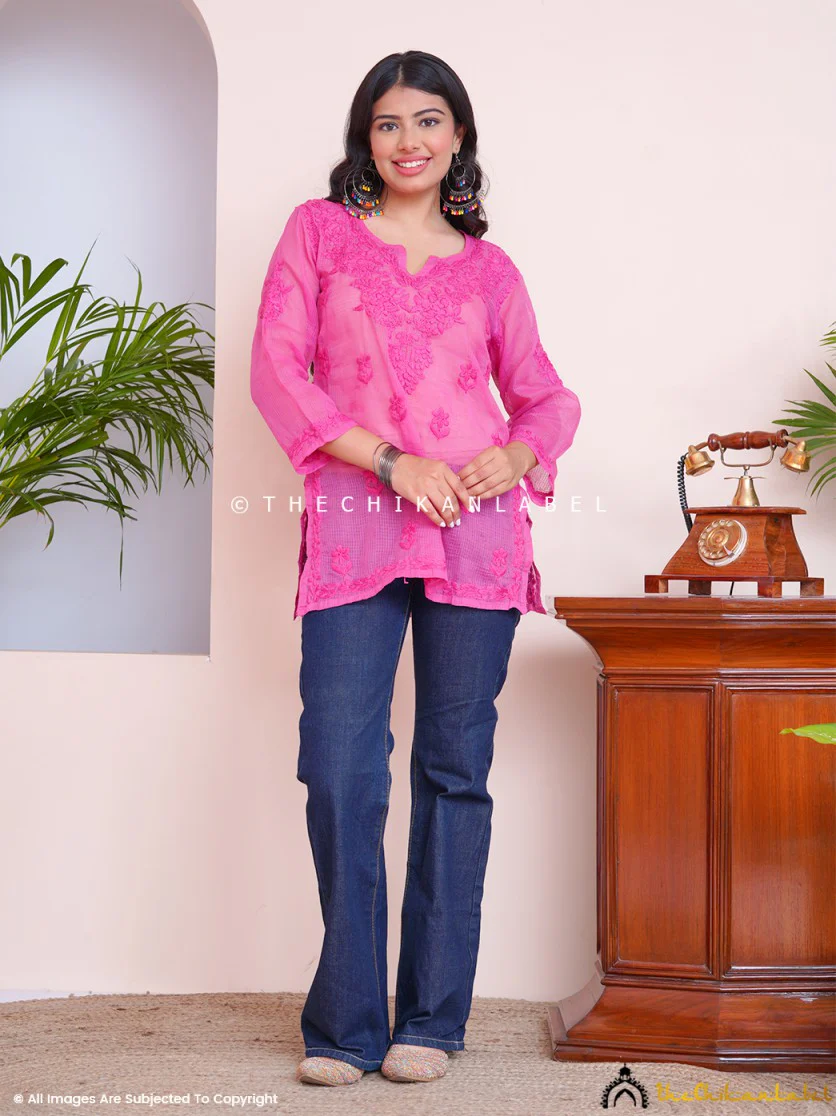 Rajia Kota Cotton Chikankari Short Top - Pink - Image 4