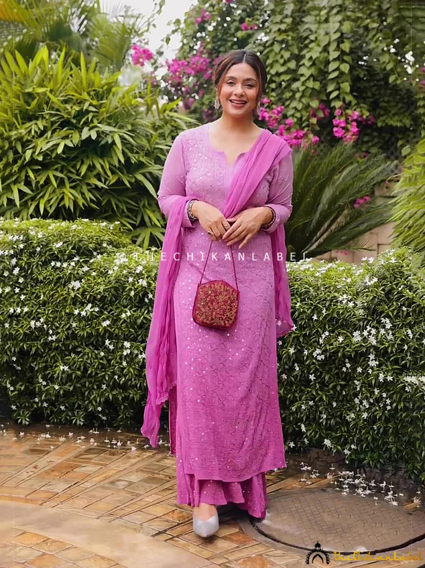 Ruhani Viscose Chikankari Straight Kurta Set with Dupatta - Pink - Image 3