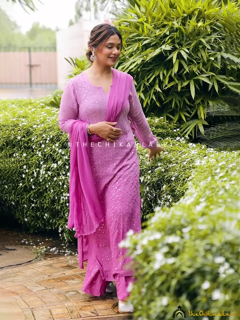 Ruhani Viscose Chikankari Straight Kurta Set with Dupatta - Pink - Image 4