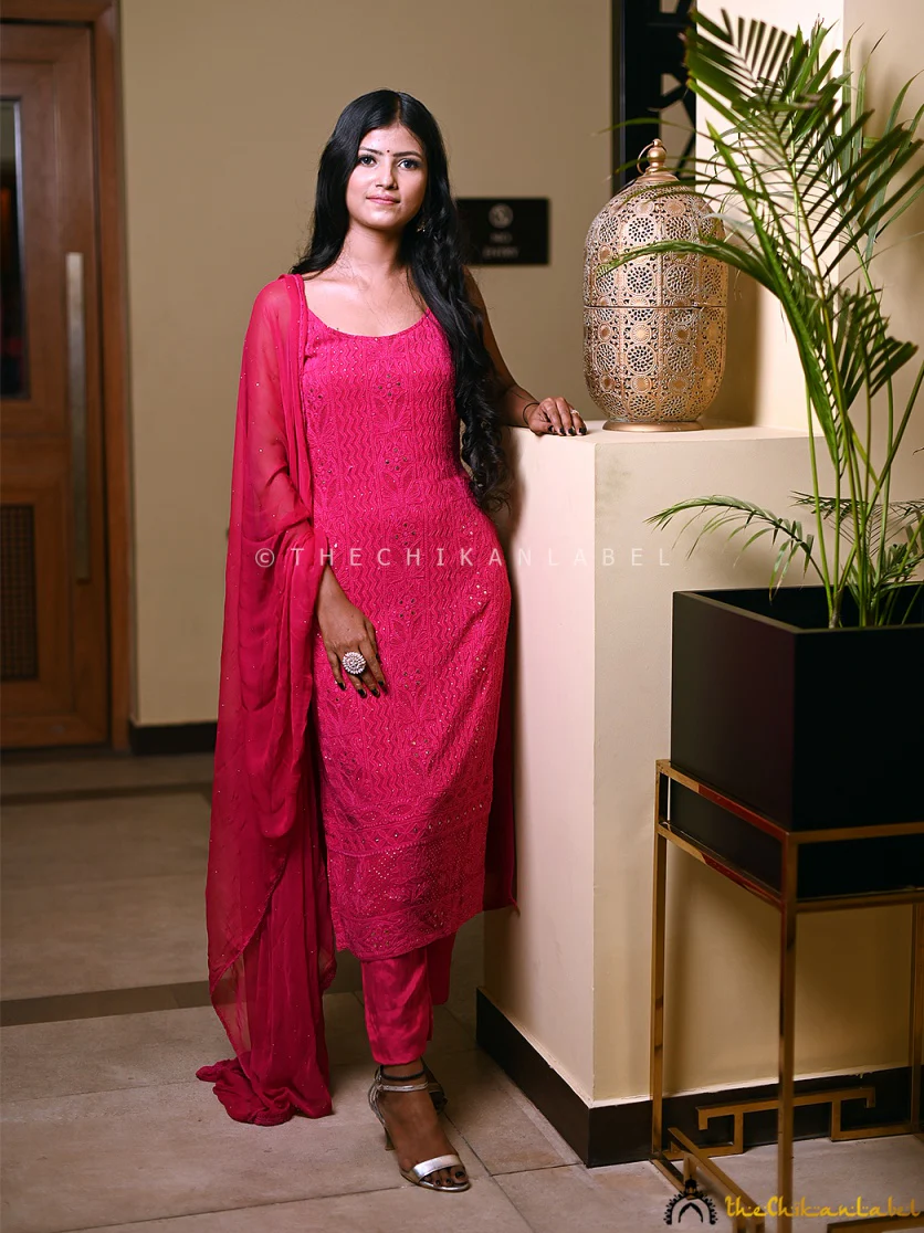 Sukoon Viscose Chikankari Strappy Kurta Set with Dupatta - Pink - Image 3