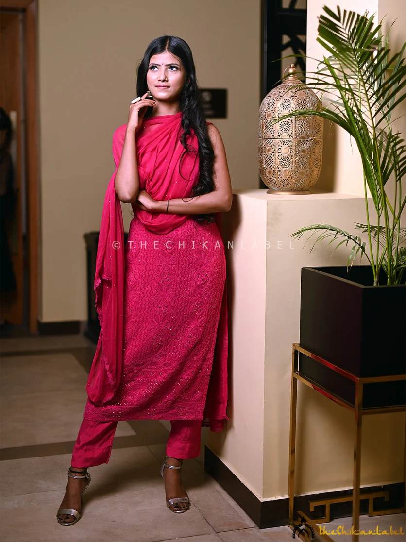 Sukoon Viscose Chikankari Strappy Kurta Set with Dupatta - Pink - Image 5