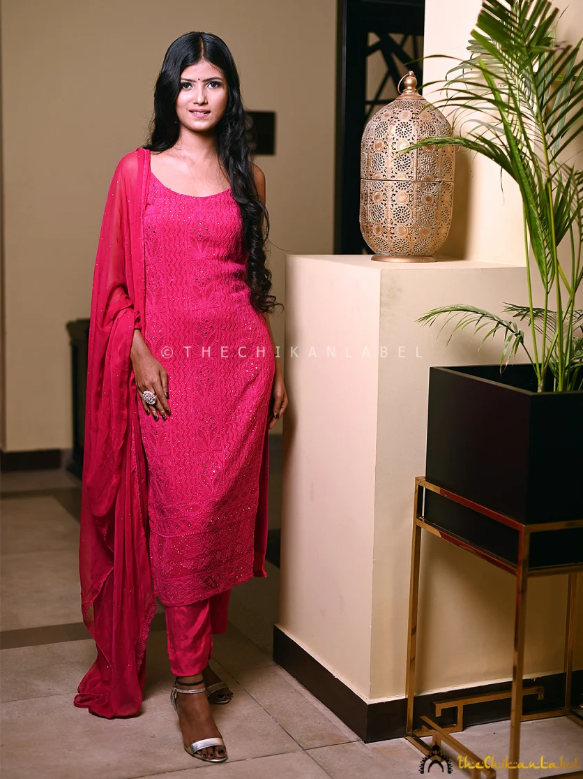 Sukoon Viscose Chikankari Strappy Kurta Set with Dupatta - Pink - Image 7