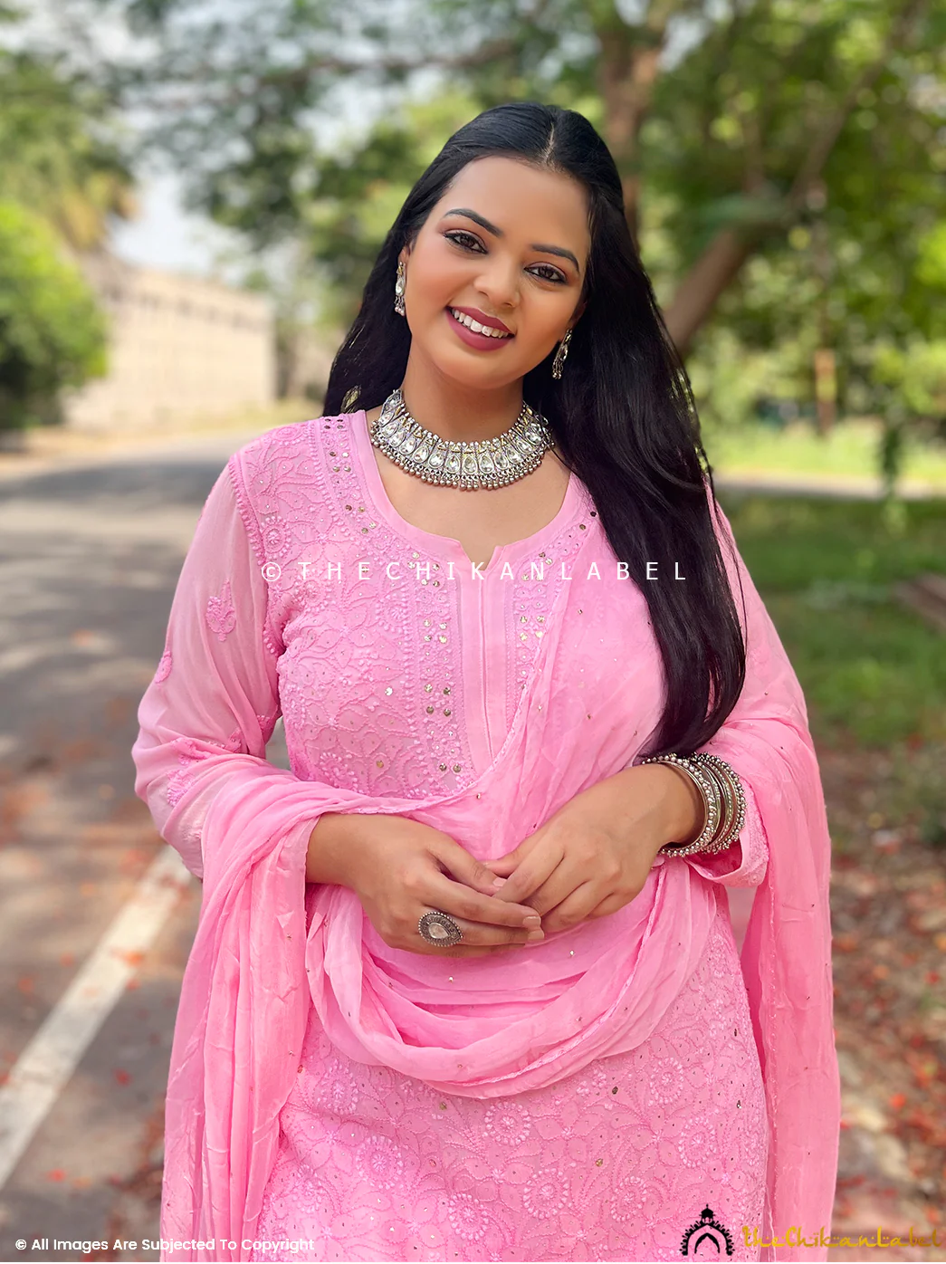 Tara Viscose Chikankari Straight Kurta Set with Dupatta - Pink - Image 2