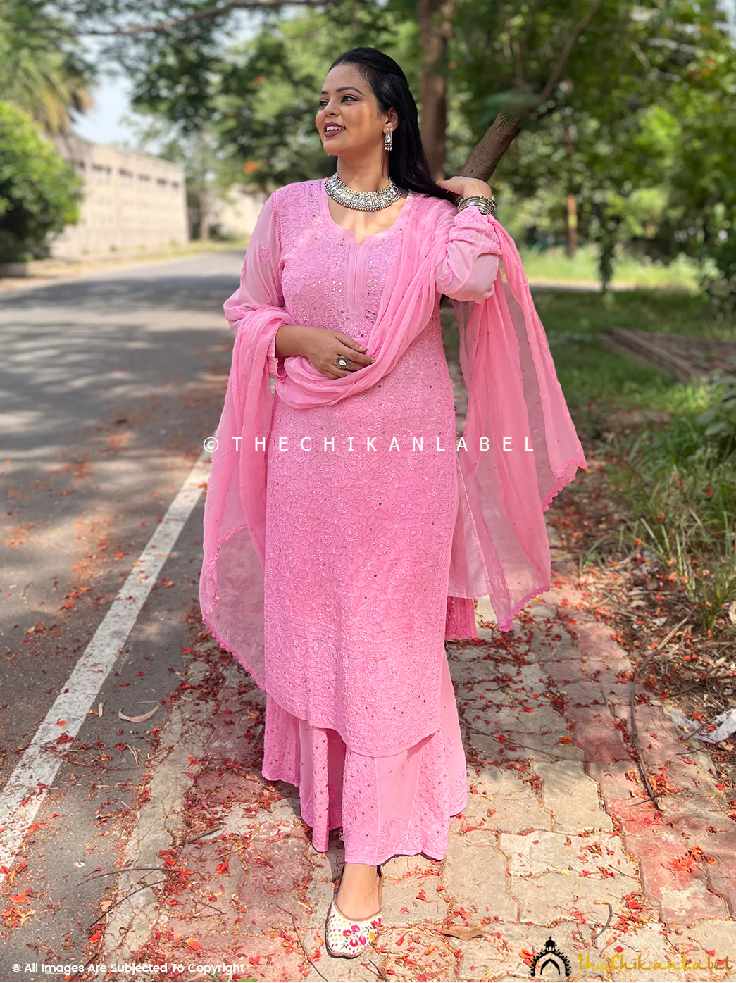 Tara Viscose Chikankari Straight Kurta Set with Dupatta - Pink - Image 3