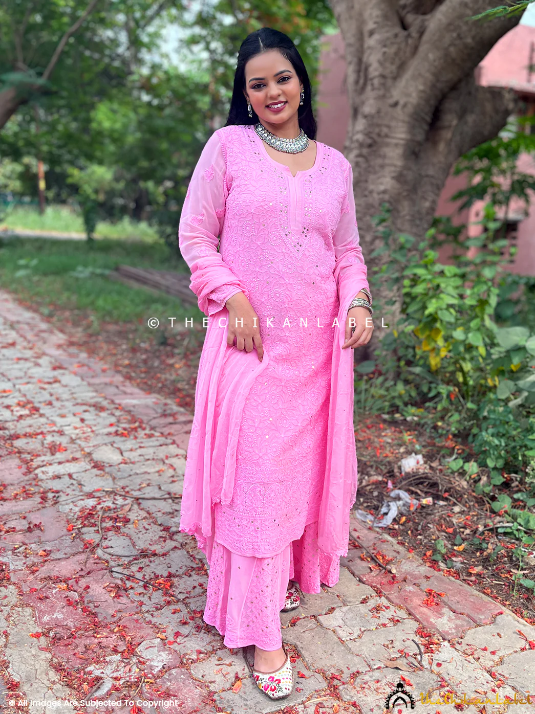 Tara Viscose Chikankari Straight Kurta Set with Dupatta - Pink - Image 4