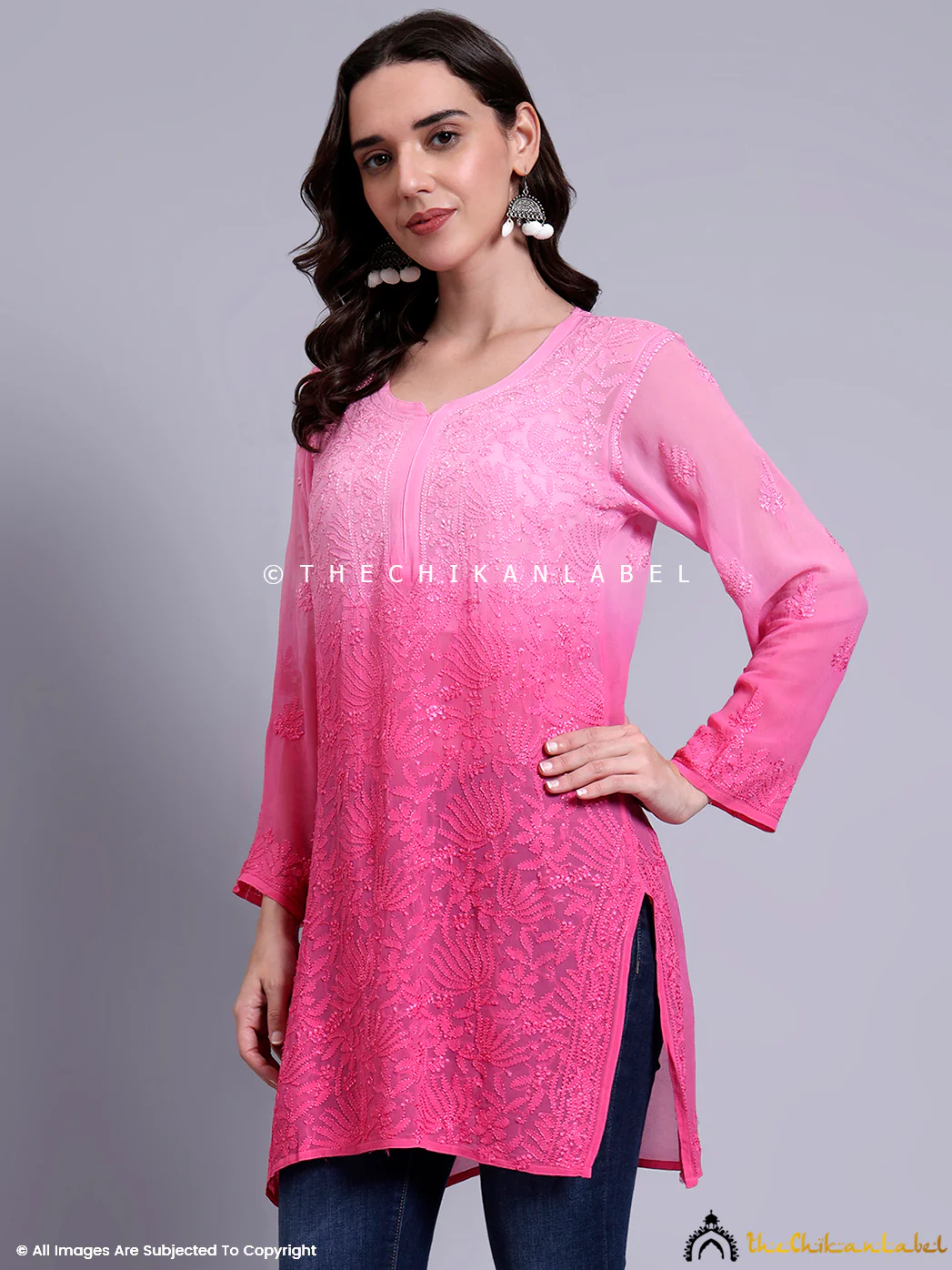 Vanya Viscose Chikankari Short Jaal Kurti - Pink - Image 5