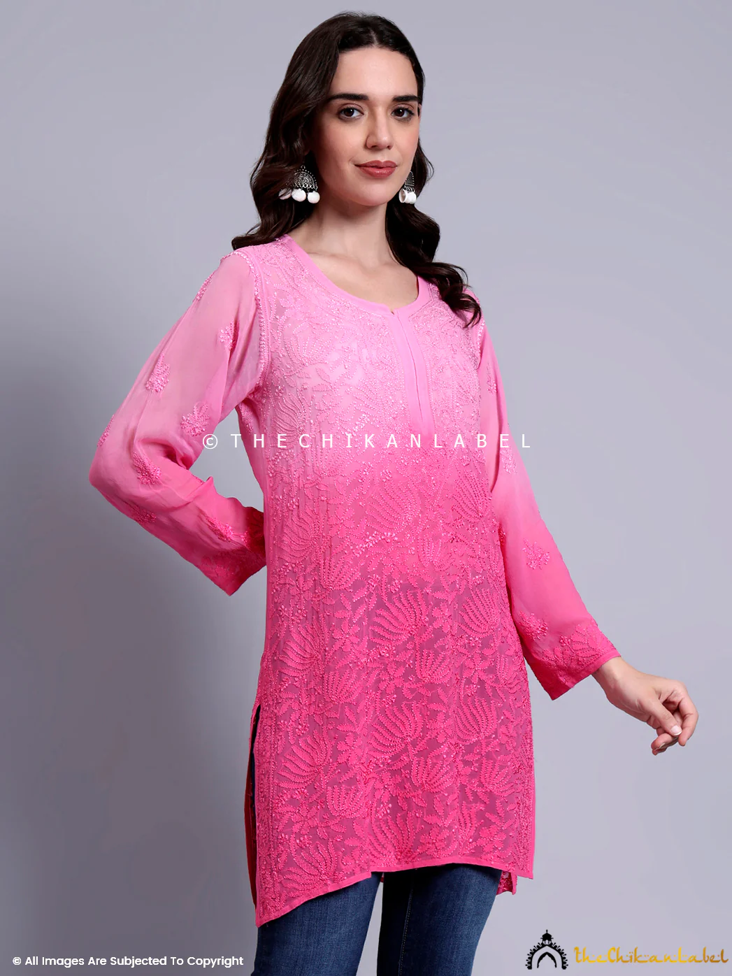 Vanya Viscose Chikankari Short Jaal Kurti - Pink - Image 6