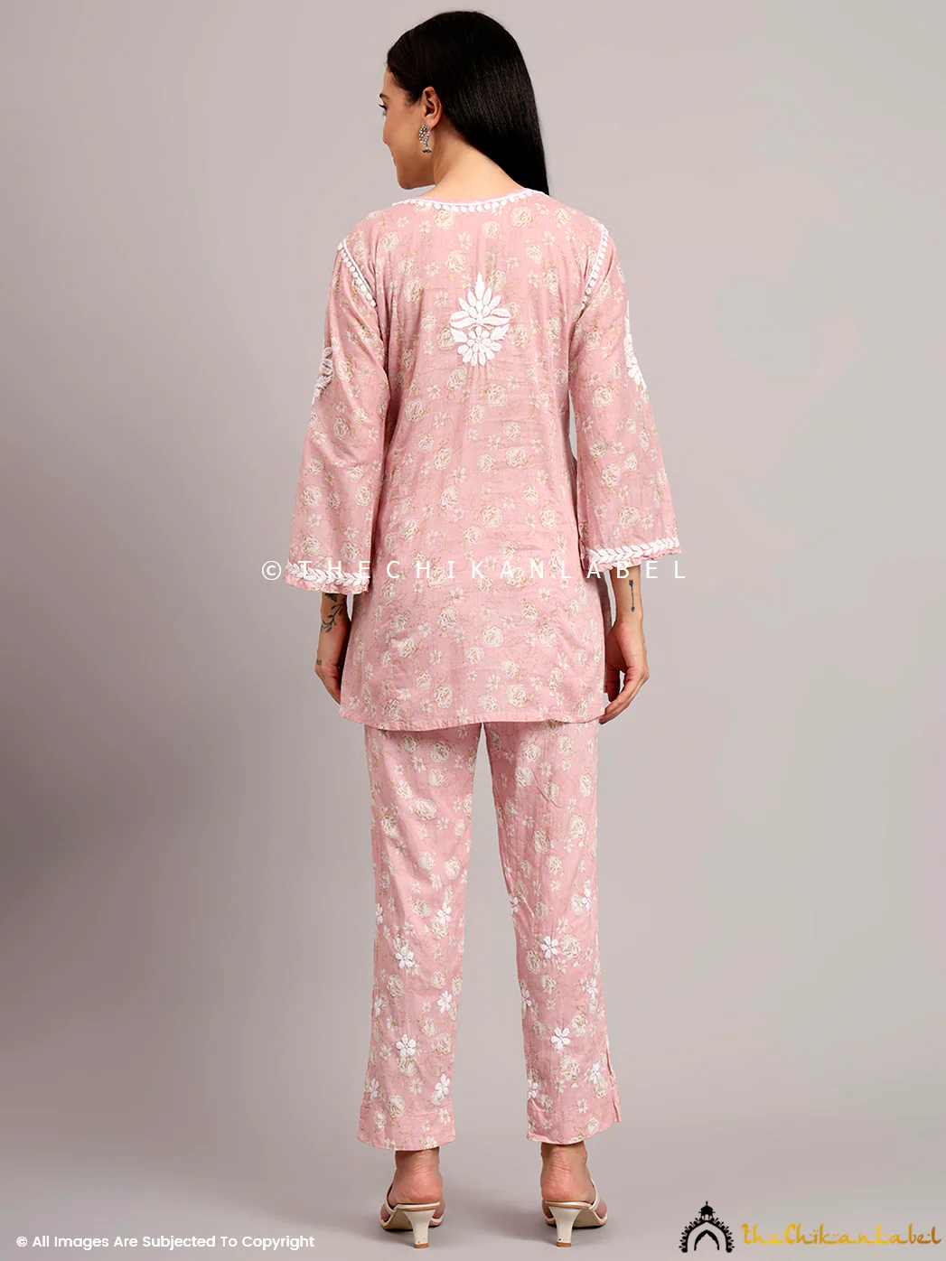 Vedika Mulmul Cotton Chikankari Co-ord Set - Pink - Image 3