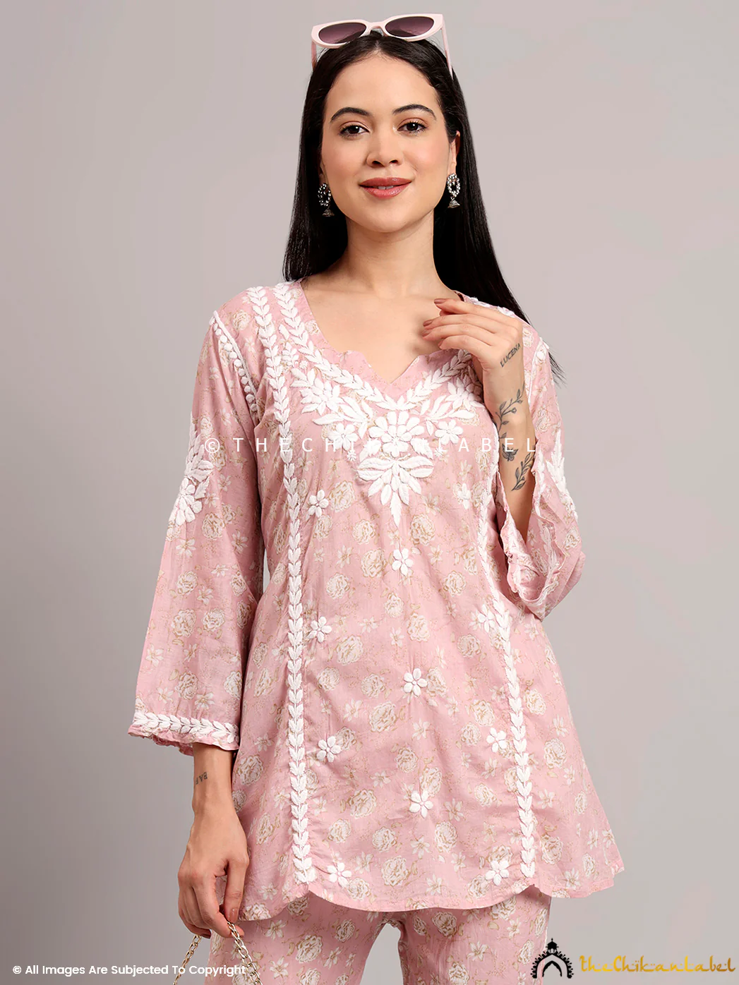 Vedika Mulmul Cotton Chikankari Co-ord Set - Pink - Image 4
